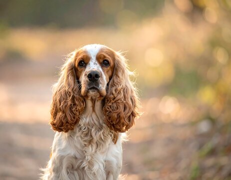 Portrait of a spaniel with long, curly, brown and white fur, looking directly at the camera with a gentle expression