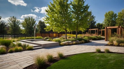 Fototapeta premium Lush Green Park With Stone Pathways And Wooden Structures garden landscaping