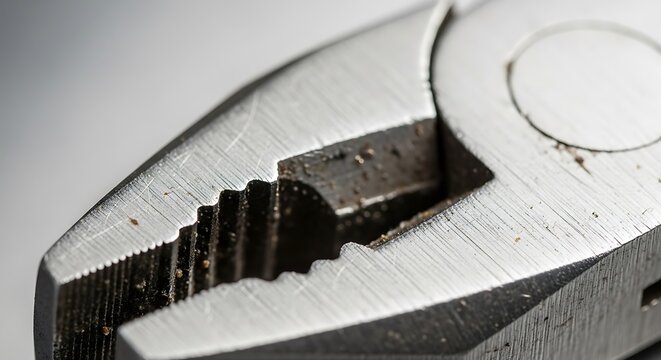 Macro close-up of metal pliers jaws showing serrated teeth and wire cutter