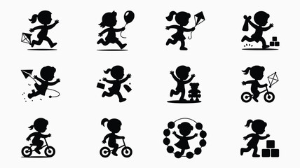 Obraz premium Collection of 12 black vector silhouettes of children playing sports and leisure activities