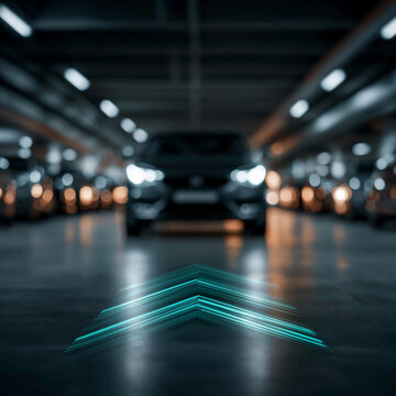 Navigating the Labyrinth: A modern automobile illuminated by bright headlights advances through a dimly lit parking structure. The focus on a directional arrow creates a compelling composition.