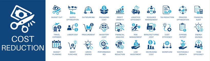Cost reduction and finance solid icon set. Symbols for budget, optimization, and expense control. Editable vector design for business strategy and workflow. © Xavier_icons