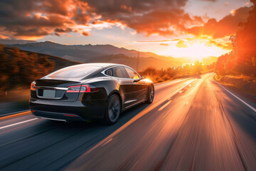 Fototapeta premium Black electric vehicle speeds along a winding mountain highway under a dramatic sunset sky. Modern luxury, sustainability, and high-performance automotive design in eco-friendly road trip adventure.
