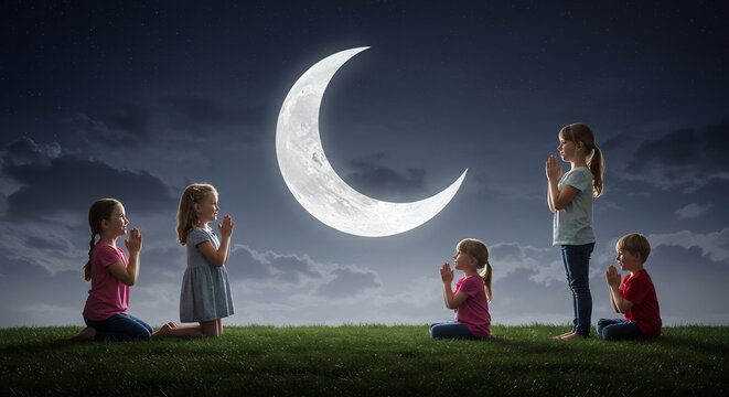 幻想的な三日月が夜空で神聖に輝き広大な草原を柔らかく照らす中幼い子供たちが静かに並んでひざまずき心を合わせ未来への希望と平和を真剣に祈り願う神聖な光景. AI Generated