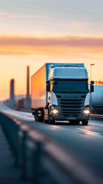 A hydrogen-powered truck navigating an industrial road. Transition to sustainable energy in transportation and the role of clean fuel technology in reshaping future of logistics and freight mobility.