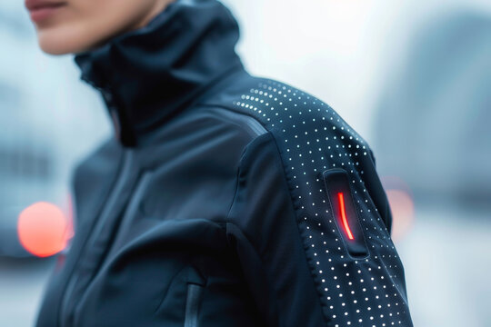 Futuristic smart clothing with adaptive temperature control worn by individual in urban setting. Innovative wearable technology that responds to body heat for optimal comfort in changing environments