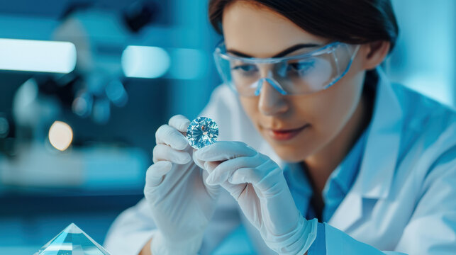Scientist examining synthetic diamonds under powerful microscope, with advanced lab equipment. Ensuring precision and detail analysis of diamond quality. Accuracy of diamond evaluation. High-tech lab