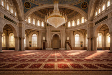 Obraz premium Interior of a grand hall with ornate architecture and a large chandelier.