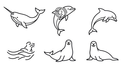 Cute Marine Mammal Icons: Narwhal, Dolphin, Seal, and Wave Line Art © emal