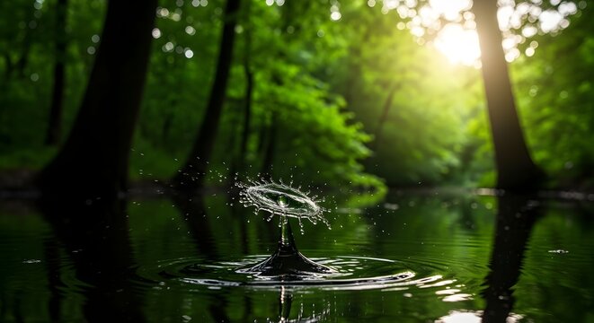 Captivating water crown splash in tranquil forest pond with sunrays