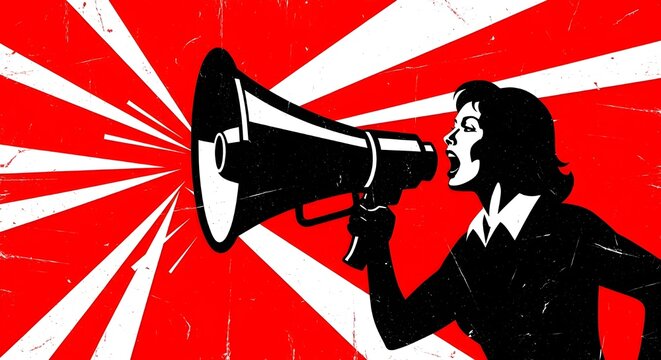 A woman fiercely shouts into a megaphone with a vintage propaganda style