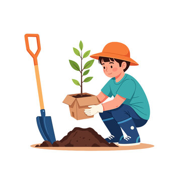 Young boy planting a tree in a cardboard box, environmental conservation concept.