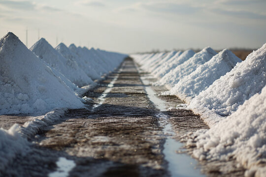 Sea salt farm. Pile of white salt. Raw material of salt industrial. Sodium Chloride mineral. Evaporation and crystallization of sea water. White salt harvesting. Agriculture industry. Generative AI