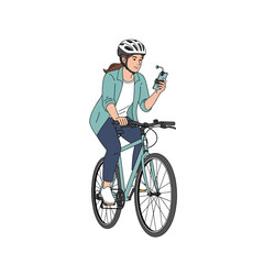 Naklejka premium Woman riding a bicycle while looking at her smartphone with a smile.