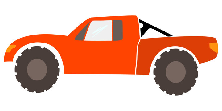 Bright orange off-road pickup truck with large tires and rugged design in flat illustration style.