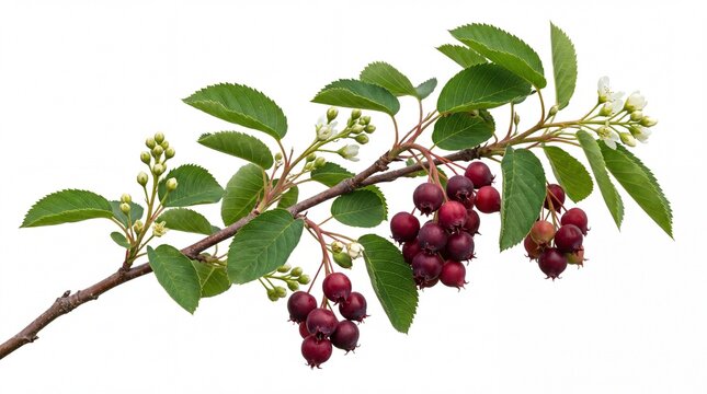 Fresh chokecherry branch with red berries and green leaves