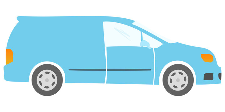 Flat style side view of a blue minibus with simple geometric shapes and minimal detailing.