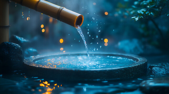 ybernetic Japanese Chozuya shrine pavilion with glowing teal light particles flowing from a bamboo pipe into a stone basin.
