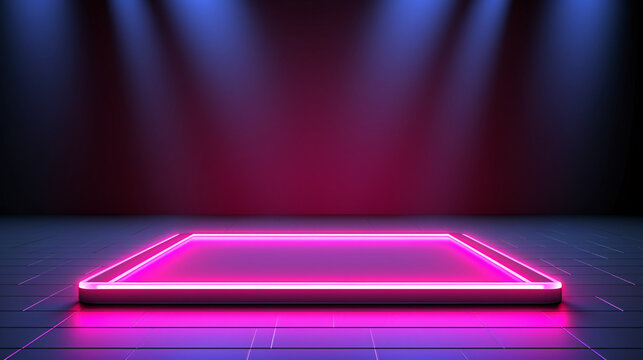 Abstract neon light geometric background. Rectangle stage product display. Glowing neon lines. Empty futuristic stage laser. Rectangular laser lines. Square stage. Laser show design. Generative AI.