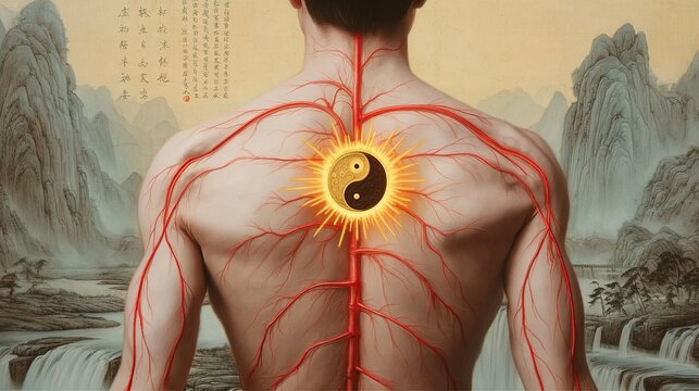 Human Back Anatomy with Meridian Lines and Yin Yang Energy Symbol East Asian Landscape Concept Design