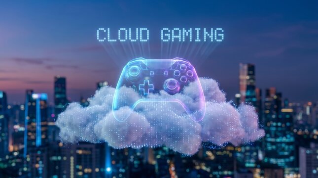 Cloud gaming concept with glowing game controller on clouds over cityscape at dusk