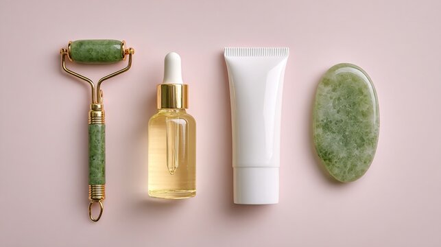 Light Pink Solid Flat Lay Green Jade Roller Gold Piece Amber Liquid Glass Bottle White Tube Cream Upper Right Gua Sha One Line Arrangement

