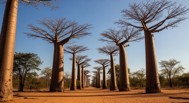 Majestic Baobab Trees Lining a Dirt Road Under Blue Sky.
