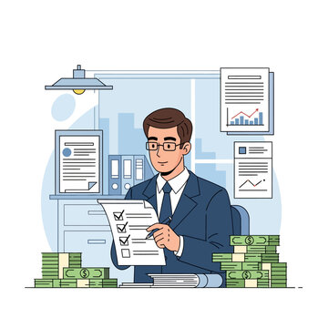 Businessman reviewing documents and checking tasks in the office, financial concept.