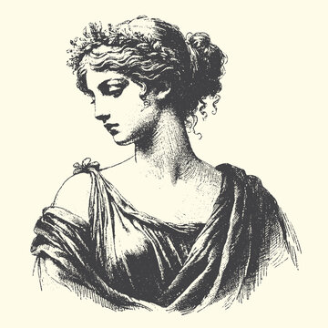 Classical woman portrait sculpture sketch with fine art black and white classical sculpture portrait illustration renaissance mythology feminine graceful dignified peaceful hairstyle