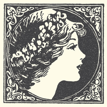 Art nouveau profile of a woman with flowers in her hair illustration engraving decorative beautiful feminine portrait hairstyle botanical monochrome lithograph