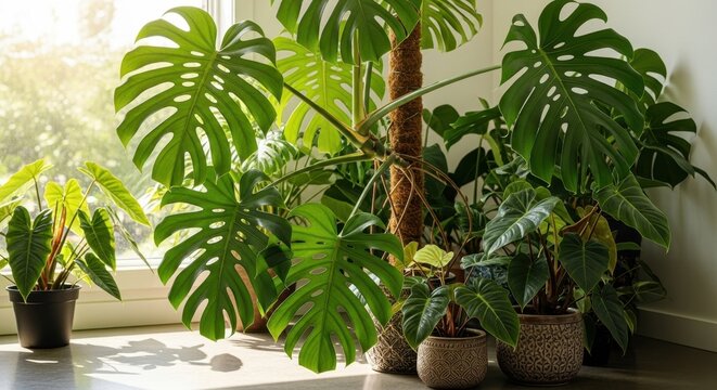 Lush Indoor Monstera Plants in Bright Sunlight.
