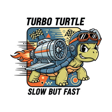 Cartoon turbo turtle character wearing a racing pilot helmet and a jet engine on its back.