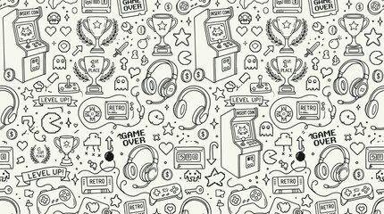 Hand-drawn seamless gaming doodle pattern with controllers and accessories. © Siti