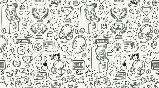 Hand-drawn seamless gaming doodle pattern with controllers and accessories.