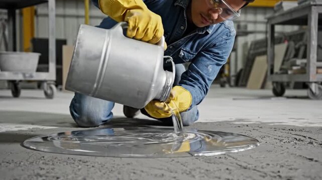 Male Worker Pouring Resin On Concrete Floor, Protective Gloves And Goggles, Stainless Bucket Tipped To Flow Shiny Epoxy, Smoothing With Trowel, Industrial Factory Background, Grey Substrate,