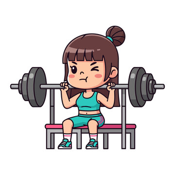 Adorable girl in green outfit doing barbell bench press exercise, cute gym character lying on bench lifting weights vector design for strength training