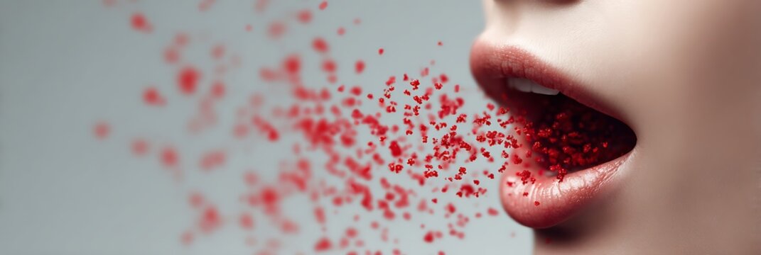 Close-up of a mouth exhaling small red particles, symbolizing a sneeze or breath.