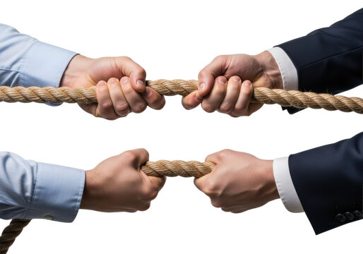 extreme macro shot of four strained business hands (navy suit vs. blue shirt) gripping taut hemp rope, high contrast on transparent background. concept of corporate rivalry and deadlock