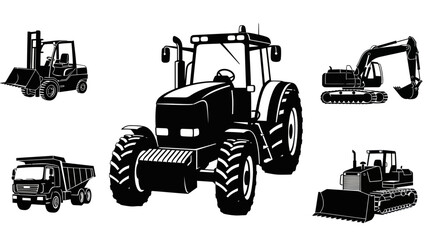 Construction and Agricultural Vehicles Silhouette Collection: Tractor, Excavator, Dump Truck, Forklift, Bulldozer © Fiji