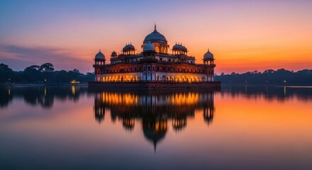 Obraz premium Majestic Palace Reflecting in Calm Lake at Sunset.