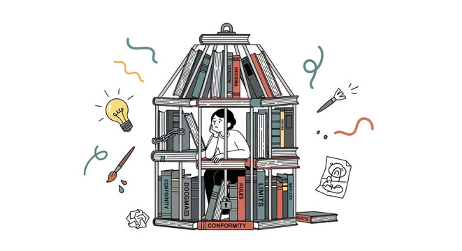 Trapped in a cage made of books, a person contemplates ideas and imagination within their creative confinement