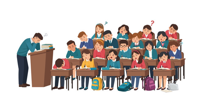 Frustrated teacher attempts to engage a classroom of bored, sleepy, and distracted students during a dull lecture