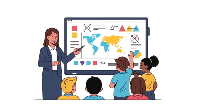 Modern classroom with a female teacher engaging young students using an interactive smart board for an immersive and collaborative learning experience