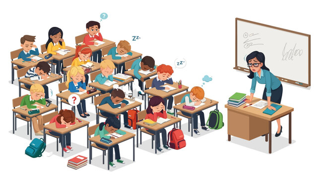 Bored students are sleeping in a classroom while a teacher tries to teach, illustrating disengagement and lack of interest in the lesson