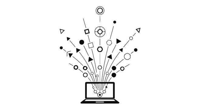 Laptop computer emits a burst of geometric shapes and arrows, representing data flow and digital information.