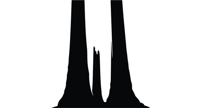 Silhouetted trees with a broken trunk stand against a white background.