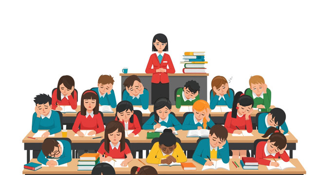 Students attentive in classroom at desks with teacher standing by a stack of books, education concept