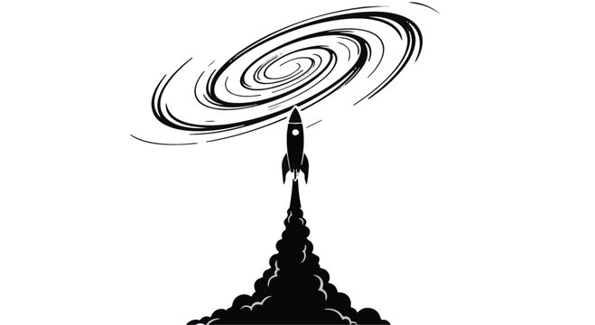 Retro rocket ship blasts off into a swirling galaxy vortex, representing space exploration and the unknown.