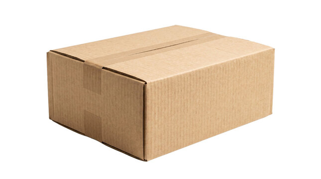 Closed corrugated cardboard shipping box sealed with tape and isolated on a transparent background, a commercial logistics image for delivery services, storage, ecommerce, and parcel handling concepts