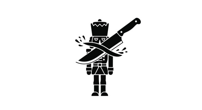 Nutcracker soldier emblem is crossed with a sharp kitchen knife, symbolizing a dangerous holiday or a threat to tradition.